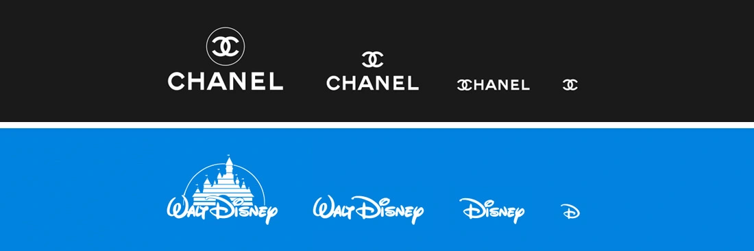Disney and Chanel effectively used their logo in different formats and sizes.